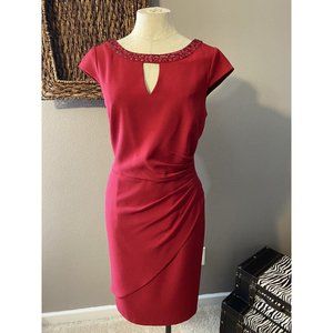 Adrianna Papell Dress Ruby Red  12 Beaded Neckline Short Sleeve Stretch Sheath